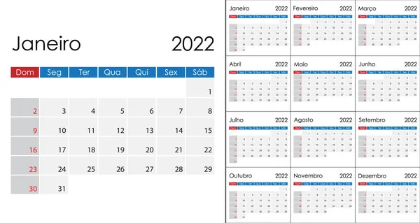 Einfacher Kalender 2022 Auf Portugiesisch Wochenstart Sonntag Vektorvorlage — Stockvektor