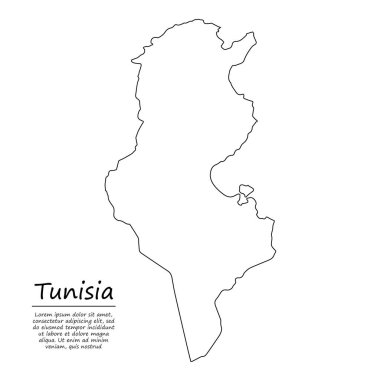 Tunus 'un basit dış hat haritası, çizim çizgisi biçiminde vektör silueti