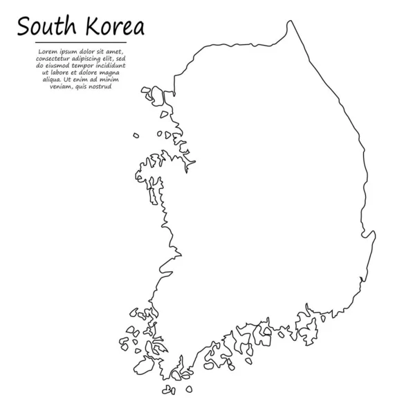 韓国の簡単なアウトラインマップ スケッチラインスタイルのベクトルシルエット — ストックベクタ