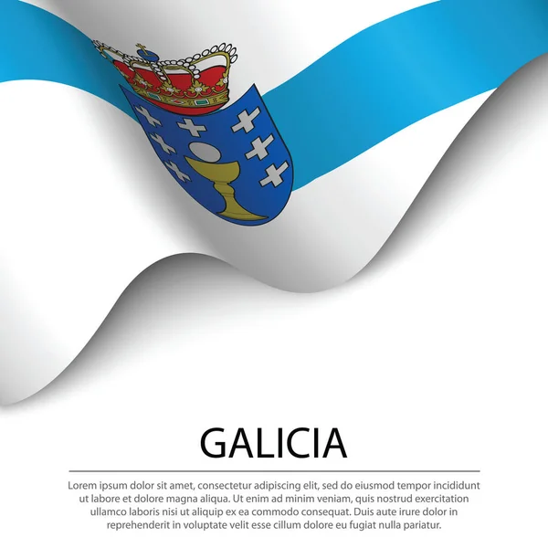 Ondeando Bandera Galicia Una Región España Sobre Fondo Blanco Plantilla — Vector de stock
