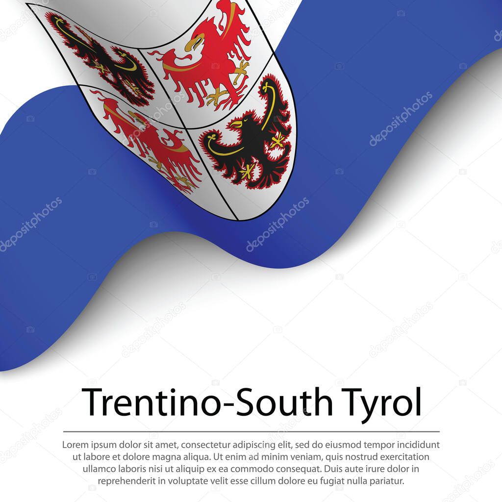 Waving flag of Trentino-South Tyrol is a region of Italy on white background. Banner or ribbon vector template 