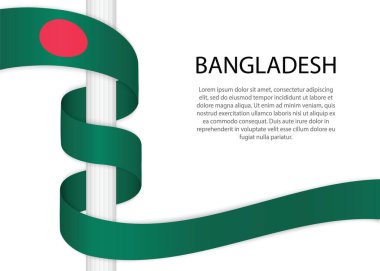 Waving ribbon on pole with flag of Bangladesh. Template for independence day poster design