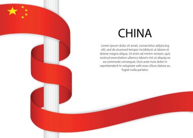 Waving ribbon on pole with flag of China. Template for independence day poster design