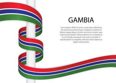 Waving ribbon on pole with flag of Gambia. Template for independence day poster design