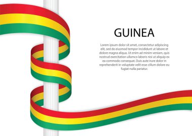 Waving ribbon on pole with flag of Guinea. Template for independence day poster design