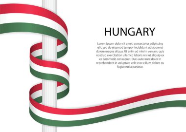 Waving ribbon on pole with flag of Hungary. Template for independence day poster design
