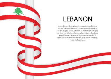 Waving ribbon on pole with flag of Lebanon. Template for independence day poster design