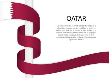 Waving ribbon on pole with flag of Qatar. Template for independence day poster design
