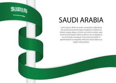 Waving ribbon on pole with flag of Saudi Arabia. Template for independence day poster design