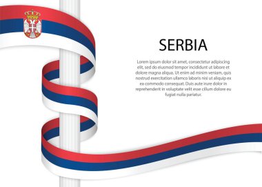 Waving ribbon on pole with flag of Serbia. Template for independence day poster design