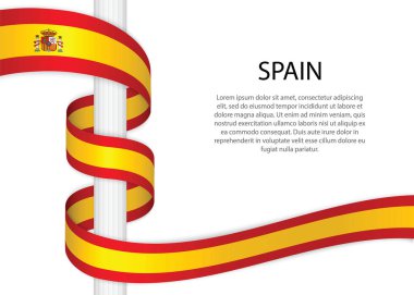 Waving ribbon on pole with flag of Spain. Template for independence day poster design