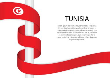 Waving ribbon on pole with flag of Tunisia. Template for independence day poster design
