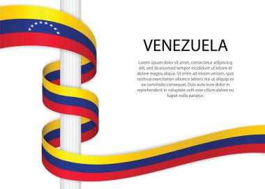 Waving ribbon on pole with flag of Venezuela. Template for independence day poster design