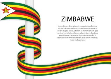 Waving ribbon on pole with flag of Zimbabwe. Template for independence day poster design
