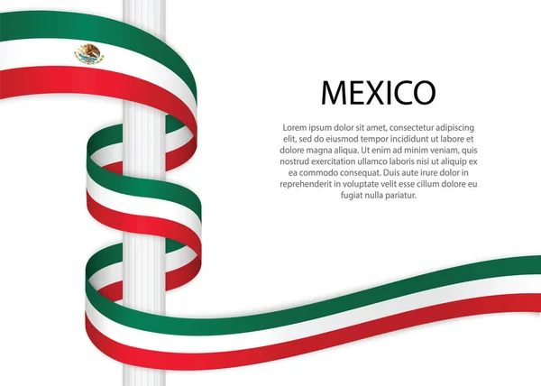 メキシコの旗でポールにリボンを振る 独立記念日ポスターデザインのテンプレート — ストックベクタ