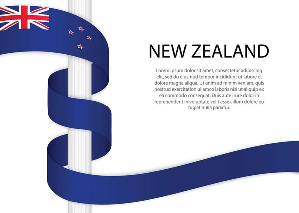 Waving Ribbon Pole Flag New Zealand Template Independence Day Poster — Stock Vector