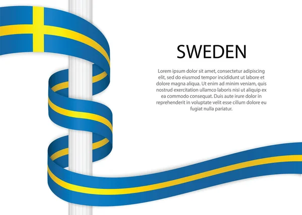 Waving Ribbon Pole Flag Sweden Template Independence Day Poster Design — стоковый вектор