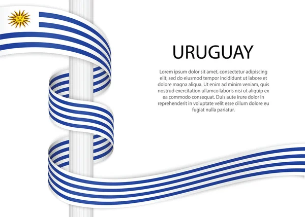 Waving ribbon on pole with flag of Uruguay. Template for independence day poster design