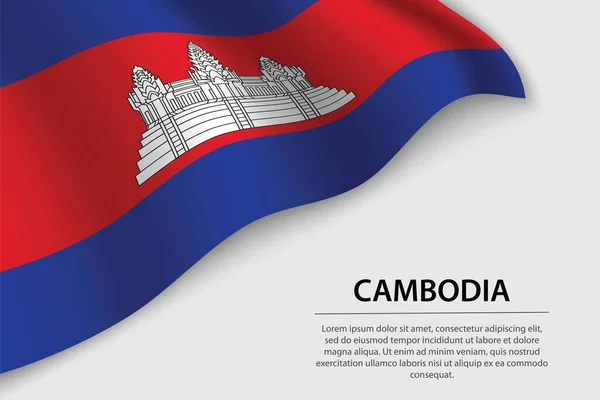 Vague Drapeau Cambodge Sur Fond Blanc Modèle Bannière Ruban Vectoriel — Image vectorielle