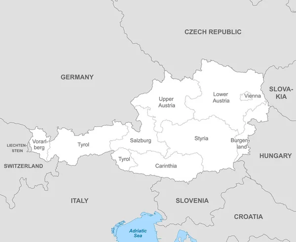 Mapa Político Austria Con Fronteras Con Fronteras Regiones Países — Archivo Imágenes Vectoriales