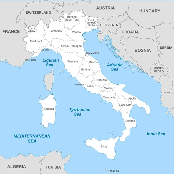 Политическая Карта Италии Границами Регионов Стран — стоковый вектор