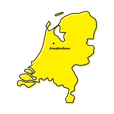 Hollanda 'nın başkenti olan basit bir ana hat haritası. Biçimlendirilmiş minimal çizgi tasarımı