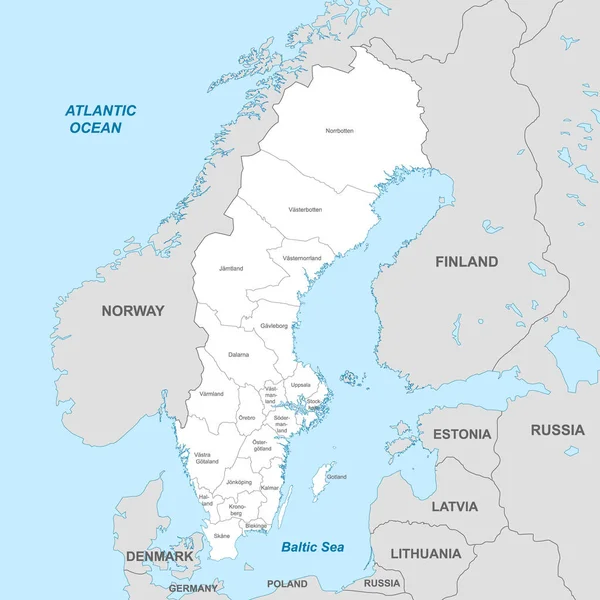 瑞典与区域和国家边界接壤的政治地图 — 图库矢量图片