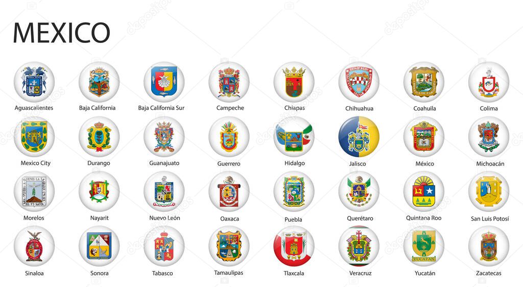 all Flags of regions of Mexico. Glossy button flag design