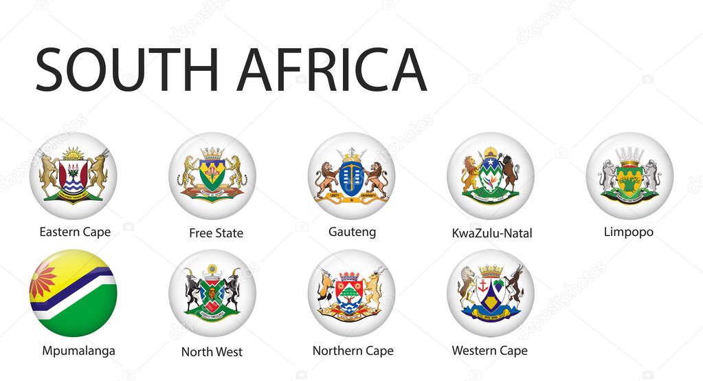 all Flags of regions of South Africa. Glossy button flag design