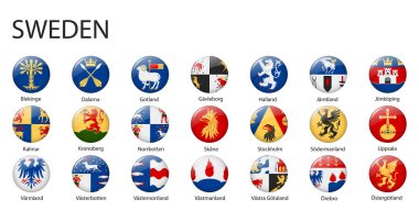 all Flags of regions of Sweden. Glossy button flag design