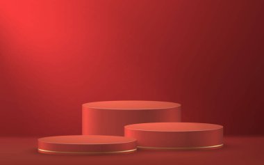 3d realistic podium or pedestal on red luxury background. Product presentation mockup