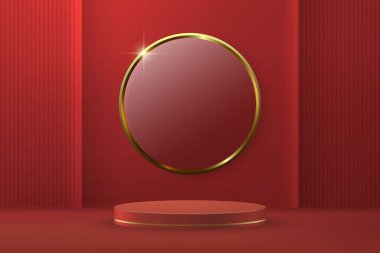 3d realistic podium or pedestal on red luxury background. Product presentation mockup