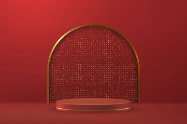 3d realistic podium or pedestal on red luxury background. Product presentation mockup