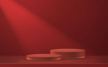 3d realistic podium or pedestal on red luxury background. Product presentation mockup