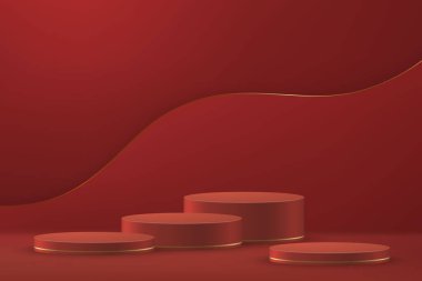 3d realistic podium or pedestal on red luxury background. Product presentation mockup