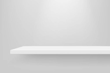 Empty white color shelf with shadow background. Template for premium, luxury product presentation