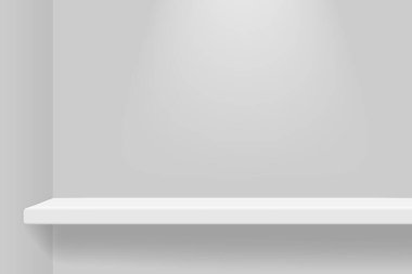 Empty white color shelf with shadow background. Template for premium, luxury product presentation