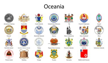 Set Coat of arms of the countries of Oceania, All Oceanian regions emblem collection