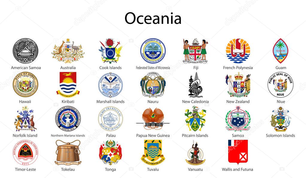 Set Coat of arms of the countries of Oceania, All Oceanian regions emblem collection