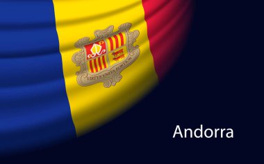 Wave flag of Andorra on dark background. Banner or ribbon vector template for independence day