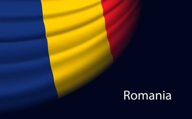 Wave flag of Romania on dark background. Banner or ribbon vector template for independence day