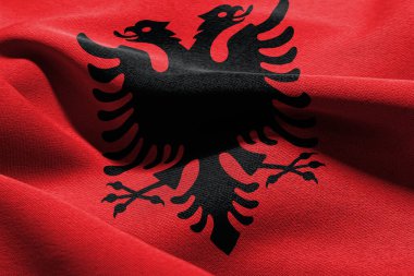 3D illustration closeup flag of Albania. Waving on the wind flag textile background