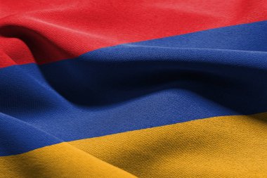 3D illustration closeup flag of Armenia. Waving on the wind flag textile background