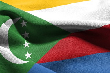 Comoros 'un 3 boyutlu yakın çekim bayrağı. Rüzgâr bayraklarında sallanan tekstil arka planı