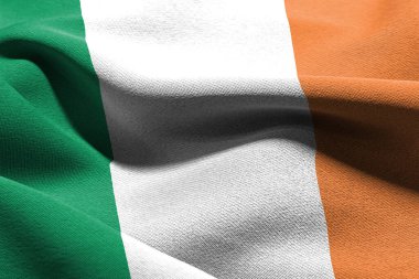 3D illustration closeup flag of Ireland. Waving on the wind flag textile background
