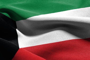 3D illustration closeup flag of Kuwait. Waving on the wind flag textile background