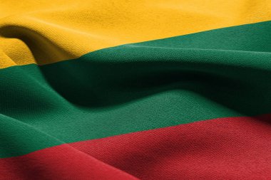 3D illustration closeup flag of Lithuania. Waving on the wind flag textile background