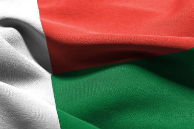 3D illustration closeup flag of Madagascar. Waving on the wind flag textile background