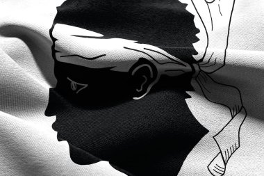 Korsika 'nın 3D illüstrasyon bayrağı Fransa' nın bir bölgesidir. Rüzgâr bayraklarında sallanan tekstil arka planı