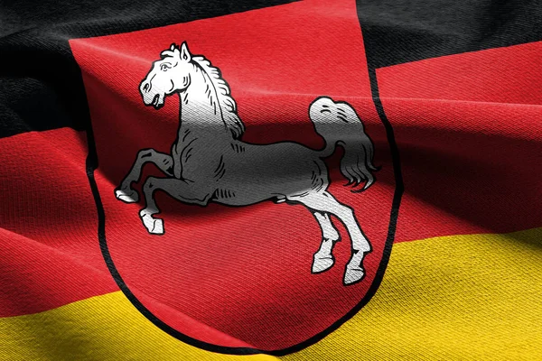 Aşağı Saksonya 'nın 3D illüstrasyon bayrağı Almanya' nın bir bölgesidir. Rüzgâr bayraklarında sallanan tekstil arka planı